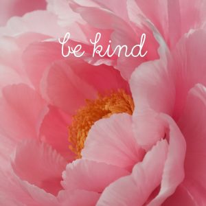 Pink peony flower with soft blurred background and white “be kind” text – FHD cellphone wallpaper