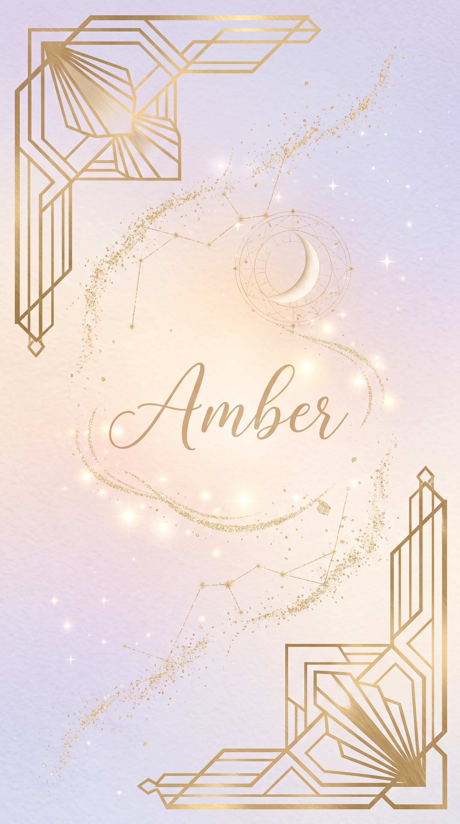Celestial pastel cellphone wallpaper with gold geometric accents, sparkles, a crescent moon, and customizable name lettering.