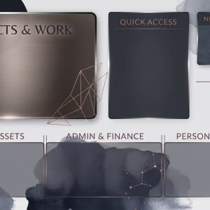 Charcoal and gold desktop organizer wallpaper with labeled sections for projects, quick access, notes, wellness, creative assets, admin, and personal growth