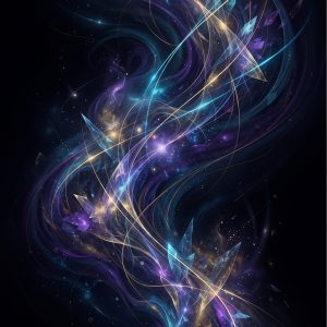 Dark abstract artwork with swirling luminous ribbons of blue, purple, and gold against a black background – FHD cellphone wallpaper