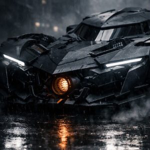 Dark futuristic armored car in a rainy cyberpunk city with neon lighting – FHD cellphone wallpaper