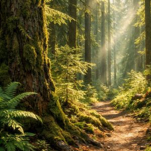 Sunlit forest path with moss-covered trees and dense green foliage – FHD cellphone wallpaper