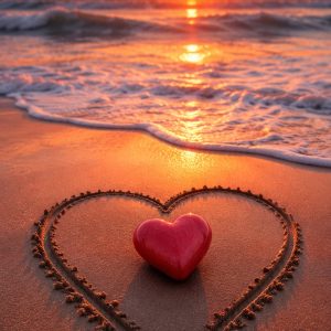 Heart in sand at sunset with warm orange and pink sky reflections – FHD cellphone wallpaper