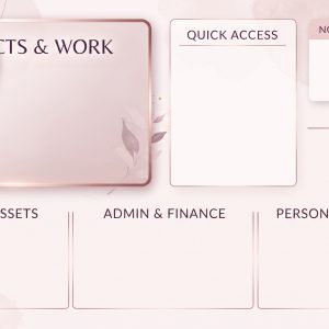 Rose gold desktop organizer wallpaper with labeled sections for projects, quick access, notes, wellness, creative assets, admin, and personal growth