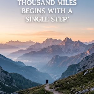 Mountain sunrise wallpaper with a lone figure walking a path and the quote “The journey of a thousand miles begins with a single step.”